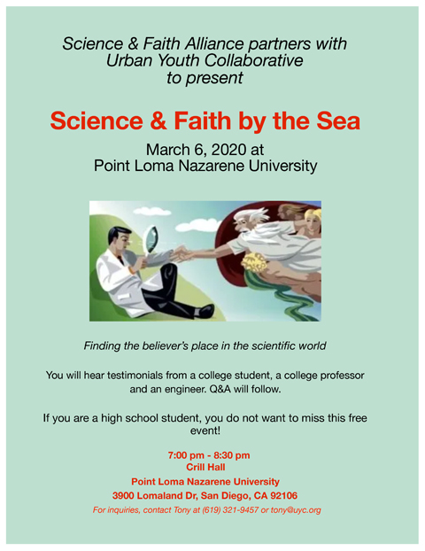 Event flyer for Science and Faith By the Sea conference on March 6, 2020 at Point Loma Nazarene University